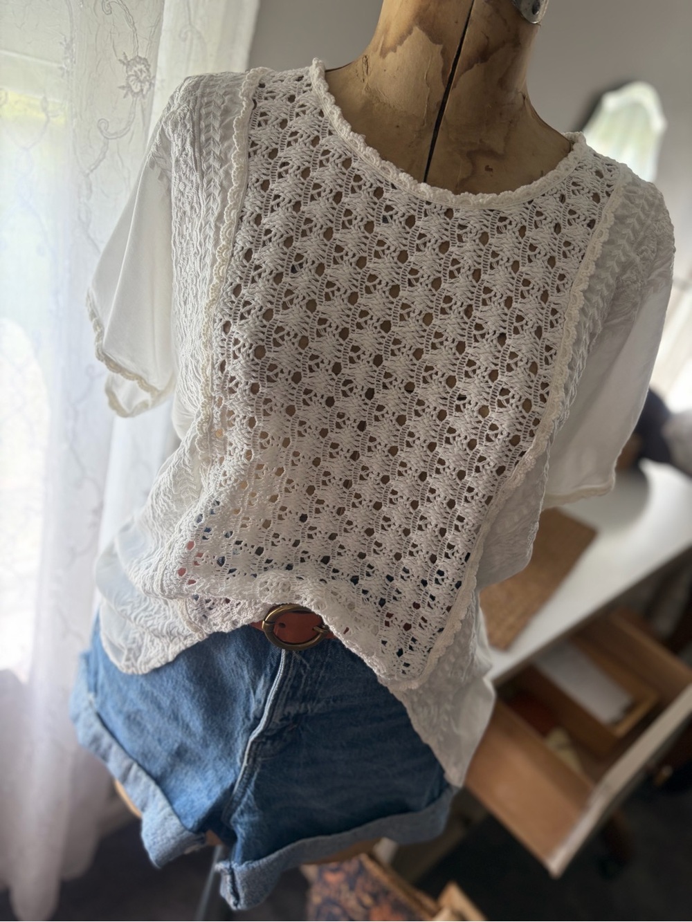 White Crochet Front with Embroidered Details Short Sleeve Top - Women